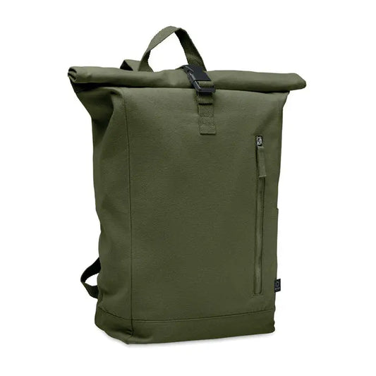 Rucsac roll top olive green din pânză 390 gr/m² cu bretele negre și fermoare accentuate