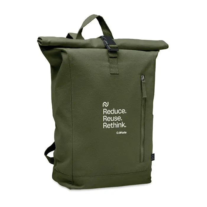 Rucsac roll top olive green din pânză 390 gr/m² cu bretele negre și buzunar frontal cu fermoar reduce alb