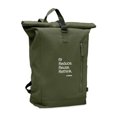 Rucsac roll top olive green din pânză 390 gr/m² cu bretele negre și buzunar frontal cu fermoar reduce alb