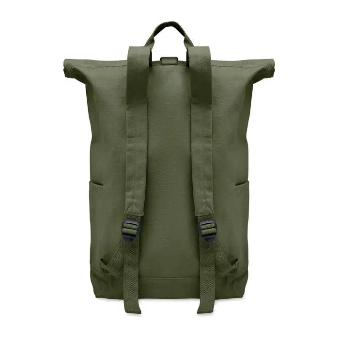 Rucsac roll top 390 gr/m² din pânză olive verde cu barete reglabile și buzunare laterale