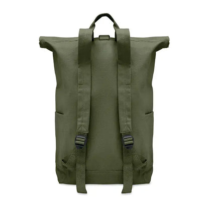 Rucsac roll top 390 gr/m² din pânză olive verde cu barete reglabile și buzunare laterale