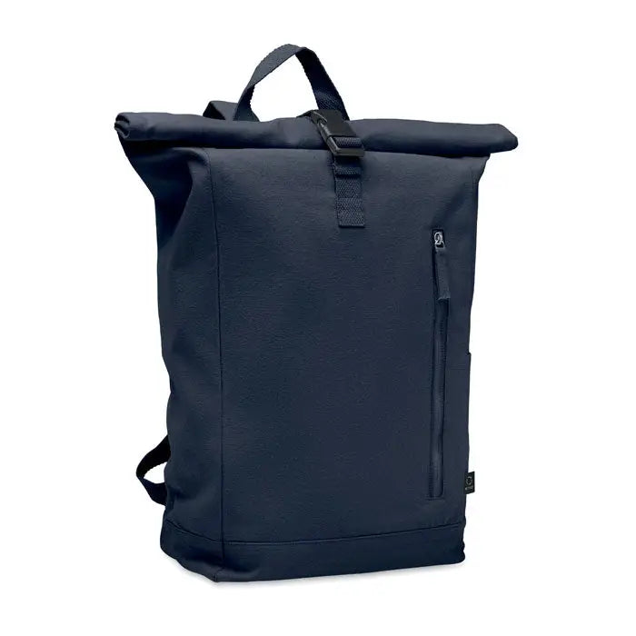 Rucsac roll top 390 gr/m² bleumarin închis cu bretele negre din țesătură și buzunar vertical cu fermoar pe lateral