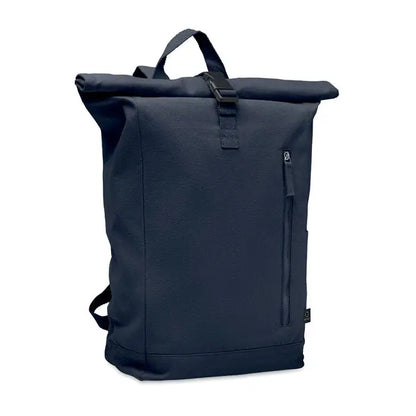 Rucsac roll top 390 gr/m² bleumarin închis cu bretele negre din țesătură și buzunar vertical cu fermoar pe lateral