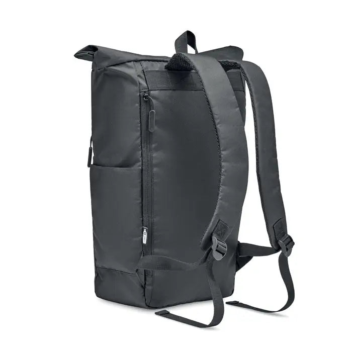 Rucsac rolltop 300d rpet negru cu material durabil si bretele reglabile vazut din spate