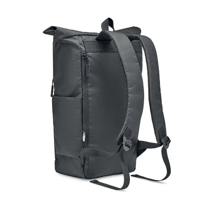 Rucsac rolltop 300d rpet negru cu material durabil si bretele reglabile vazut din spate
