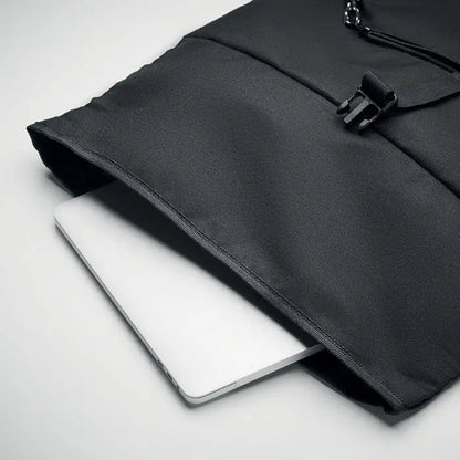 Husa pentru laptop neagra din material 600d rpet cu fermoar si inchidere cu catarama rucsac rolltop 600d rpet