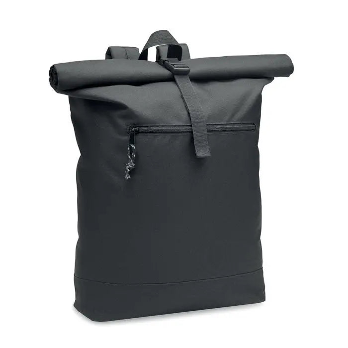 Rucsac rolltop 600d rpet negru cu design minimalist si tesatura durabila pentru uz zilnic