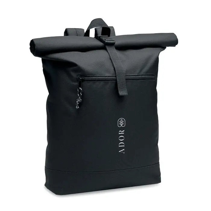Rucsac rolltop negru 600D RPET cu logo alb ador si emblemă de frunză pe față