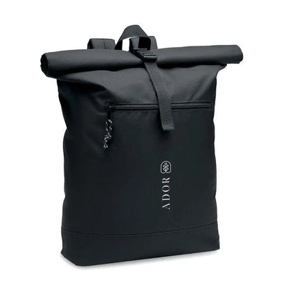 Rucsac rolltop negru 600D RPET cu logo alb ador si emblemă de frunză pe față