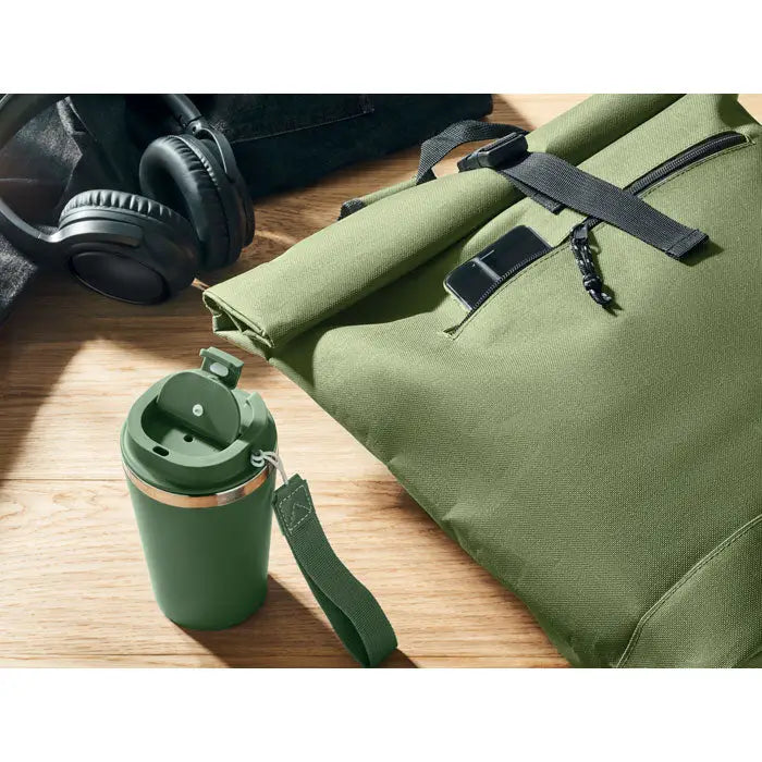 Rucsac rolltop din poliester 600d cu termos verde izolat cu capac si curea de mana