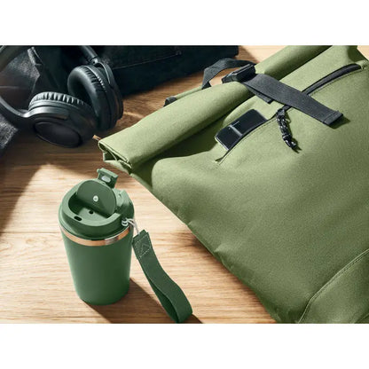 Rucsac rolltop din poliester 600d cu termos verde izolat cu capac si curea de mana