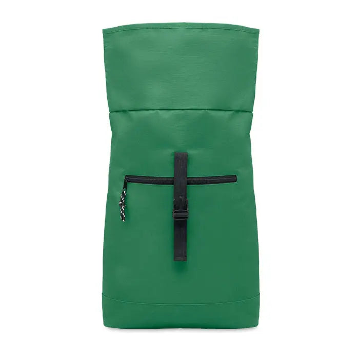 Rucsac rolltop solid verde din poliester 600d cu fermoar negru si inchidere cu bretea