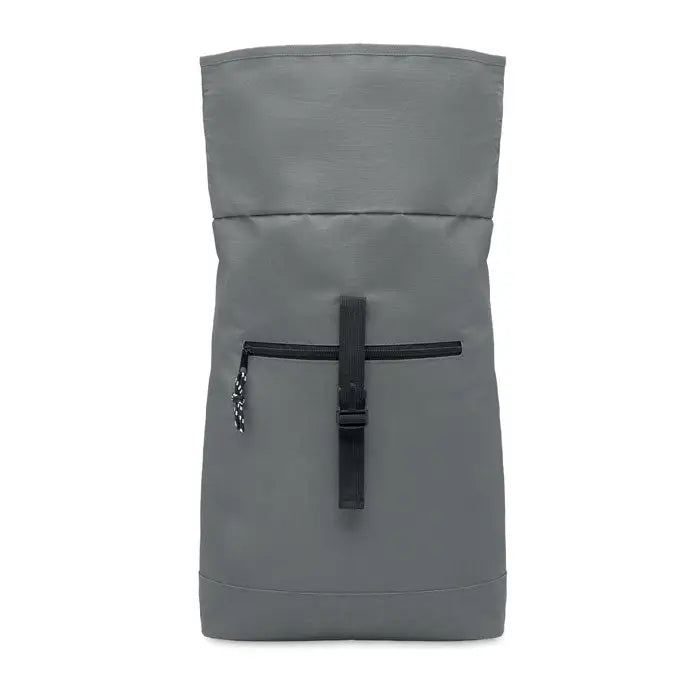 Rucsac rolltop gri din poliester 600d cu fermoar si bretele negre pentru uz cotidian