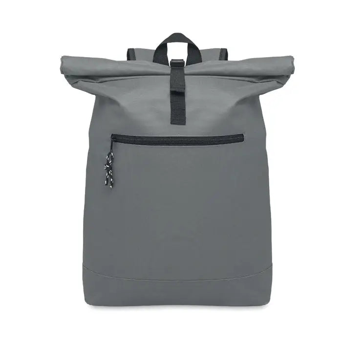 Rucsac rolltop gri din poliester 600d cu fermoare si bretele negre, partea din spate a produsului