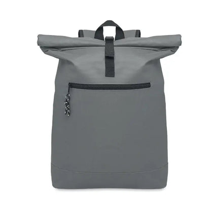 Rucsac rolltop gri din poliester 600d cu fermoare si bretele negre, partea din spate a produsului
