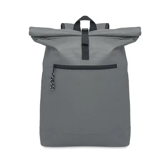 Rucsac rolltop gri din poliester 600d cu fermoare si bretele negre, partea din spate a produsului
