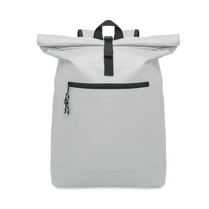 Rucsac rolltop din poliester 600d gri deschis cu bretele negre si fermoare pentru utilizare urbana