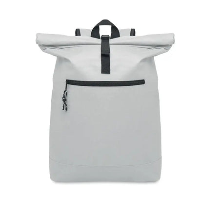 Rucsac rolltop din poliester 600d gri deschis cu bretele negre si fermoare pentru utilizare urbana