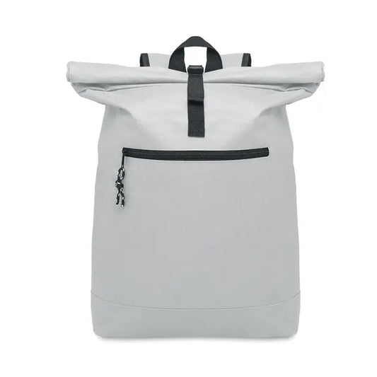 Rucsac rolltop din poliester 600d gri deschis cu bretele negre si fermoare pentru utilizare urbana