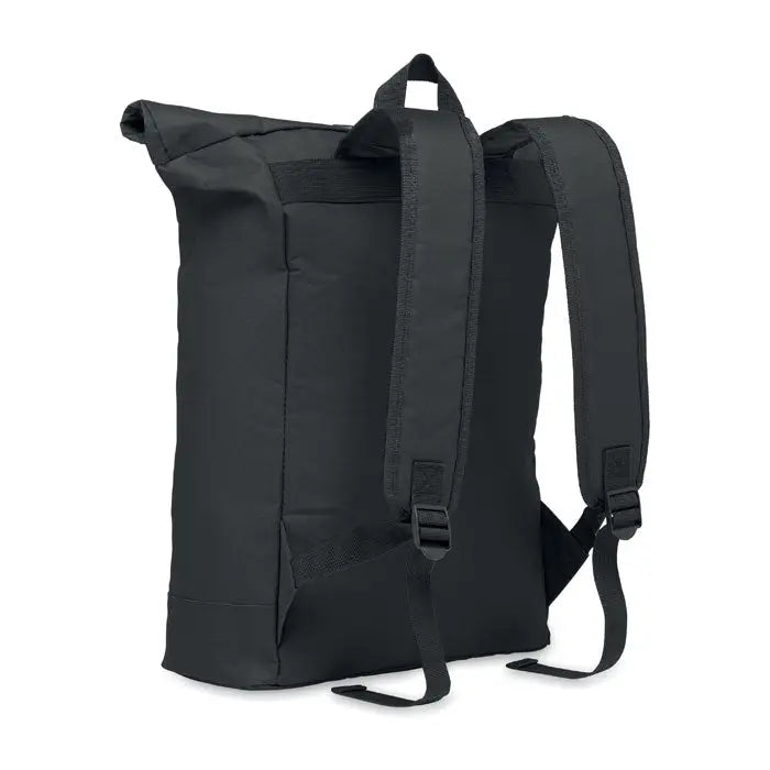 Rucsac rolltop negru din poliester 600d cu material durabil si bretele ajustabile pentru umar, vedere din spate