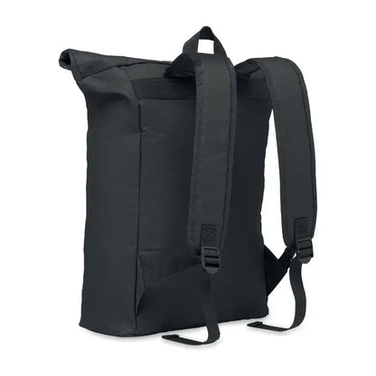 Rucsac rolltop negru din poliester 600d cu material durabil si bretele ajustabile pentru umar, vedere din spate