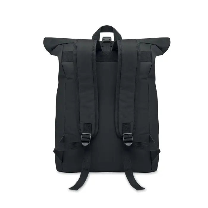 Rucsac rolltop negru din poliester 600D cu material rezistent si bretele de umar reglabile vazut din spate