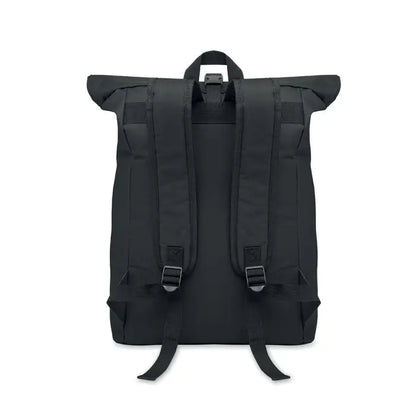 Rucsac rolltop negru din poliester 600D cu material rezistent si bretele de umar reglabile vazut din spate