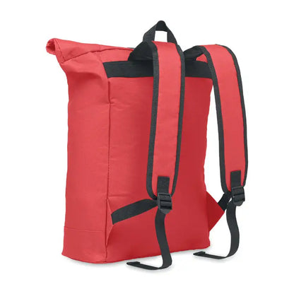 Rucsac rolltop rosu din poliester 600d cu barete negre si inchideri cu catarama