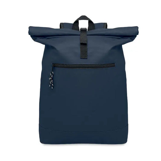Rucsac rolltop din poliester 600d albastru inchis cu fermoar si bretele negre, ideal pentru uz zilnic
