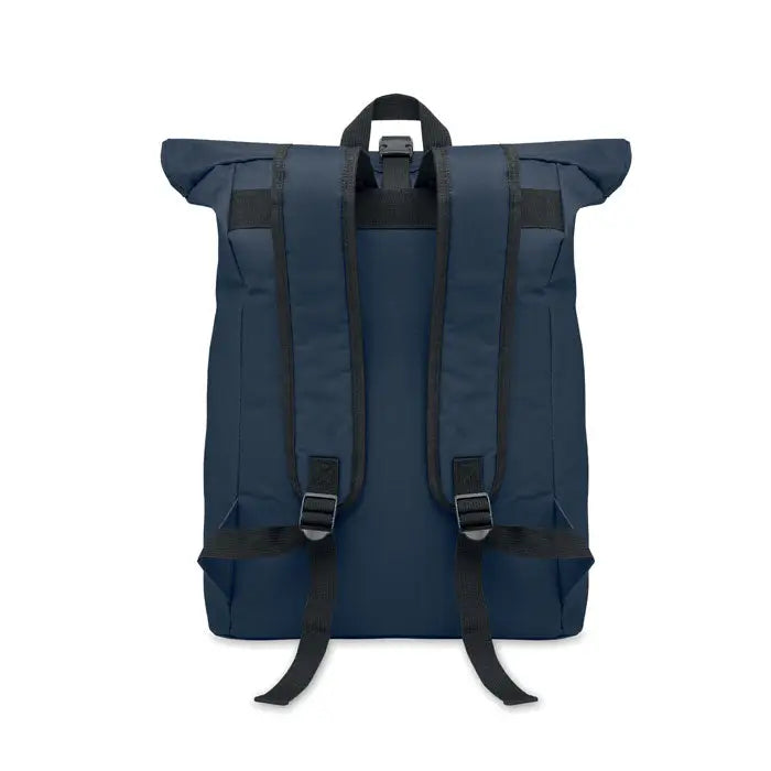 Rucsac rolltop navy din poliester 600d cu bretele si catarame negre, ideal pentru uz cotidian