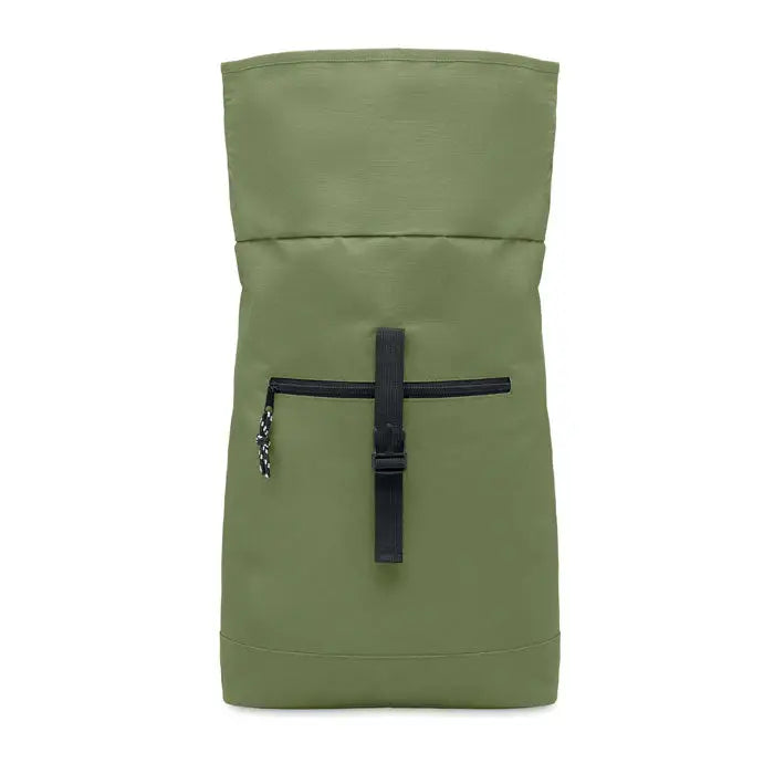 Rucsac rolltop din poliester 600d olive green cu fermoar si bretele negre pentru utilizare urbana