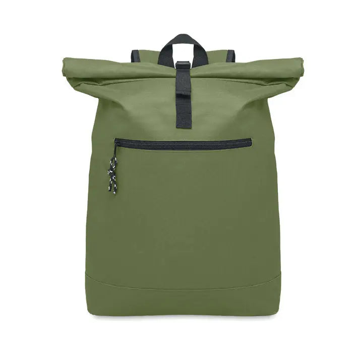 Rucsac rolltop din poliester 600D olive green cu curele și fermoare negre pentru utilizare urbană