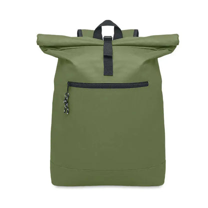 Rucsac rolltop din poliester 600D olive green cu curele și fermoare negre pentru utilizare urbană