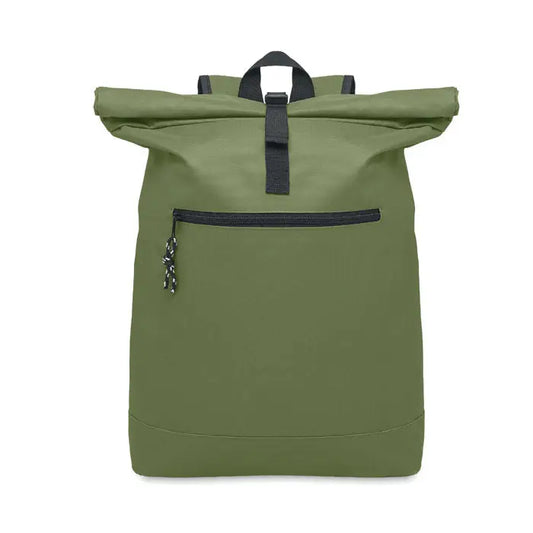 Rucsac rolltop din poliester 600D olive green cu curele și fermoare negre pentru utilizare urbană