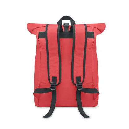 Rucsac rolltop rosu cu bretele si catarame negre din poliester 600d pentru uz zilnic