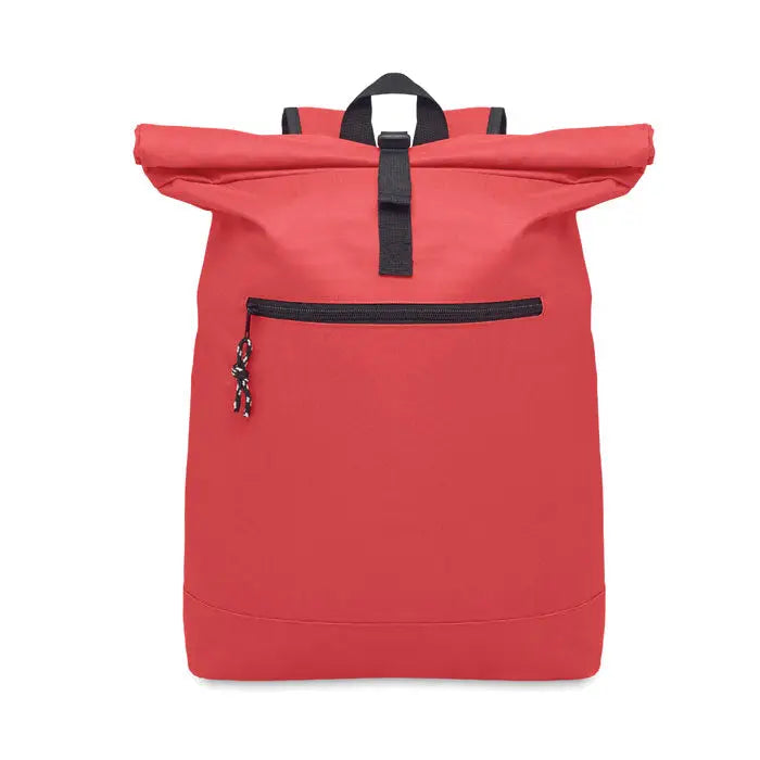 Rucsac rolltop roșu din poliester 600d cu barete și fermoare negre pentru uz urban și outdoor