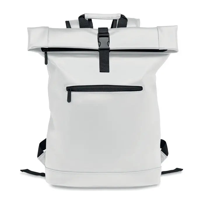 Rucsac rolltop din pu alb cu fermoare si bretele negre pentru laptop