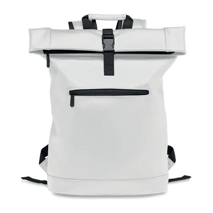 Rucsac rolltop din pu alb cu fermoare si bretele negre pentru laptop