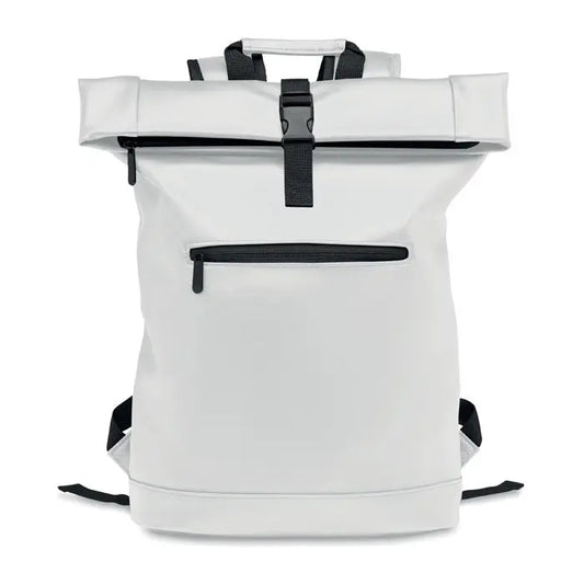 Rucsac rolltop din pu alb cu fermoare si bretele negre pentru laptop