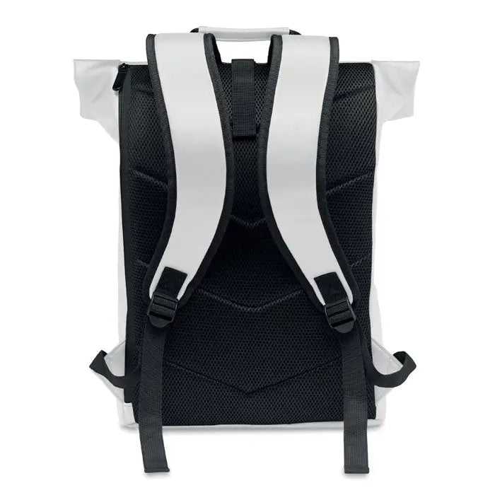 Rucsac rolltop alb din pu pentru laptop cu spate din plasă neagră și bretele reglabile