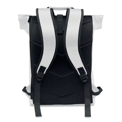 Rucsac rolltop alb din pu pentru laptop cu spate din plasă neagră și bretele reglabile