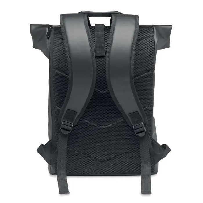 Rucsac rolltop negru din pu pentru laptop cu panou spate mesh si bretele captusite vazut din spate