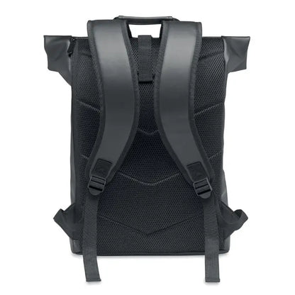 Rucsac rolltop negru din pu pentru laptop cu panou spate mesh si bretele captusite vazut din spate