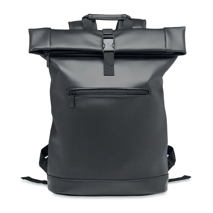 Rucsac rolltop negru din pu pentru laptop cu design minimalist si material durabil