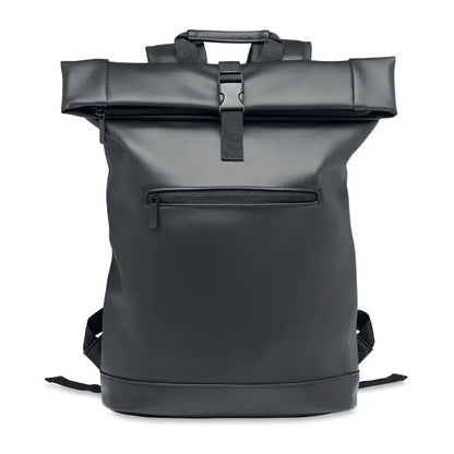 Rucsac rolltop negru din pu pentru laptop cu design minimalist si material durabil