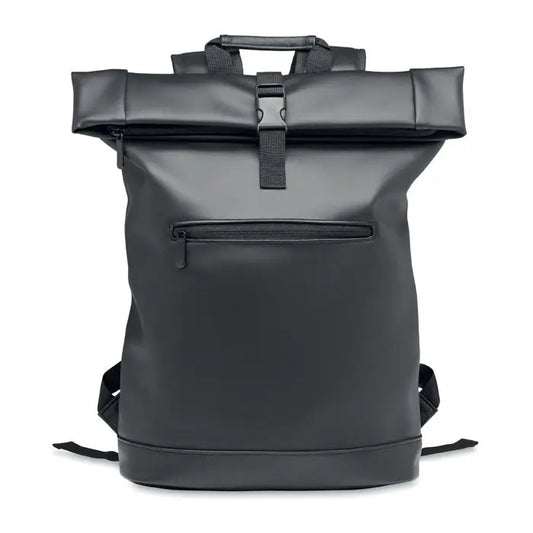 Rucsac rolltop negru din pu pentru laptop cu design minimalist si material durabil