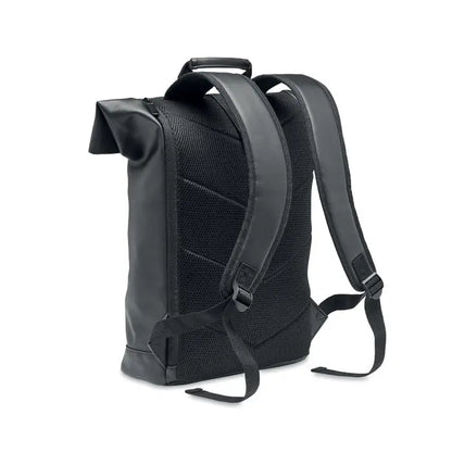 Rucsac rolltop din pu pentru laptop negru vazut din spate cu panou mesh si bretele captusite