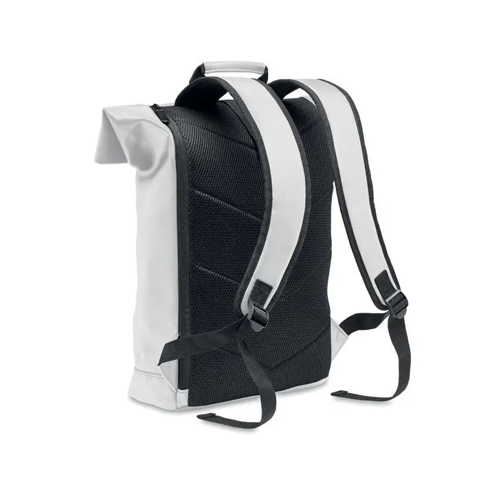 Rucsac rolltop negru si alb din pu pentru laptop cu panou mesh la spate si bretele reglabile
