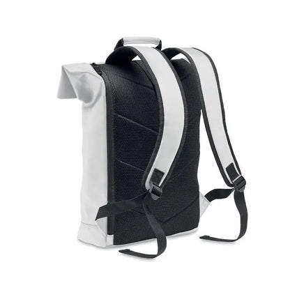 Rucsac rolltop negru si alb din pu pentru laptop cu panou mesh la spate si bretele reglabile