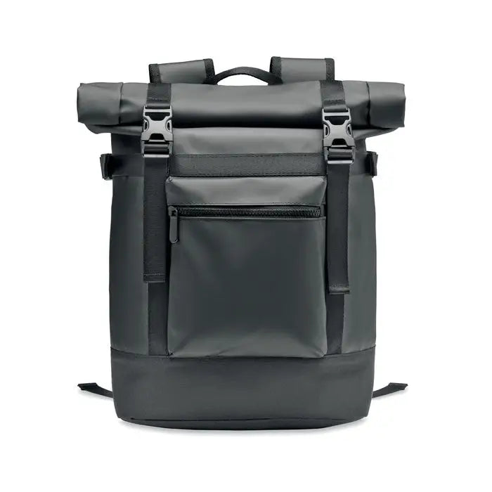 Rucsac rolltop prelata 50c de culoare gri inchis cu bretele negre si catarame argintii din metal